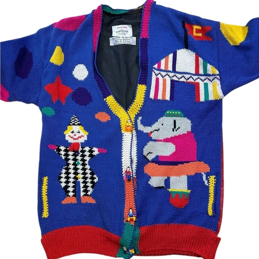 Vintage Circus Cardigan Cotton Tent Striped Clown Elephant Hand Knit Lined - Picture 2 of 14